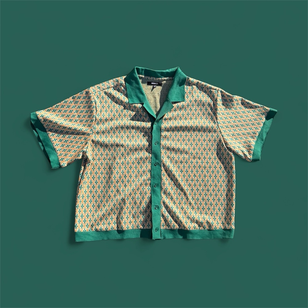 Retro Style Men's Green/Yellow Geometric Pattern Collared Button-Up Shirt